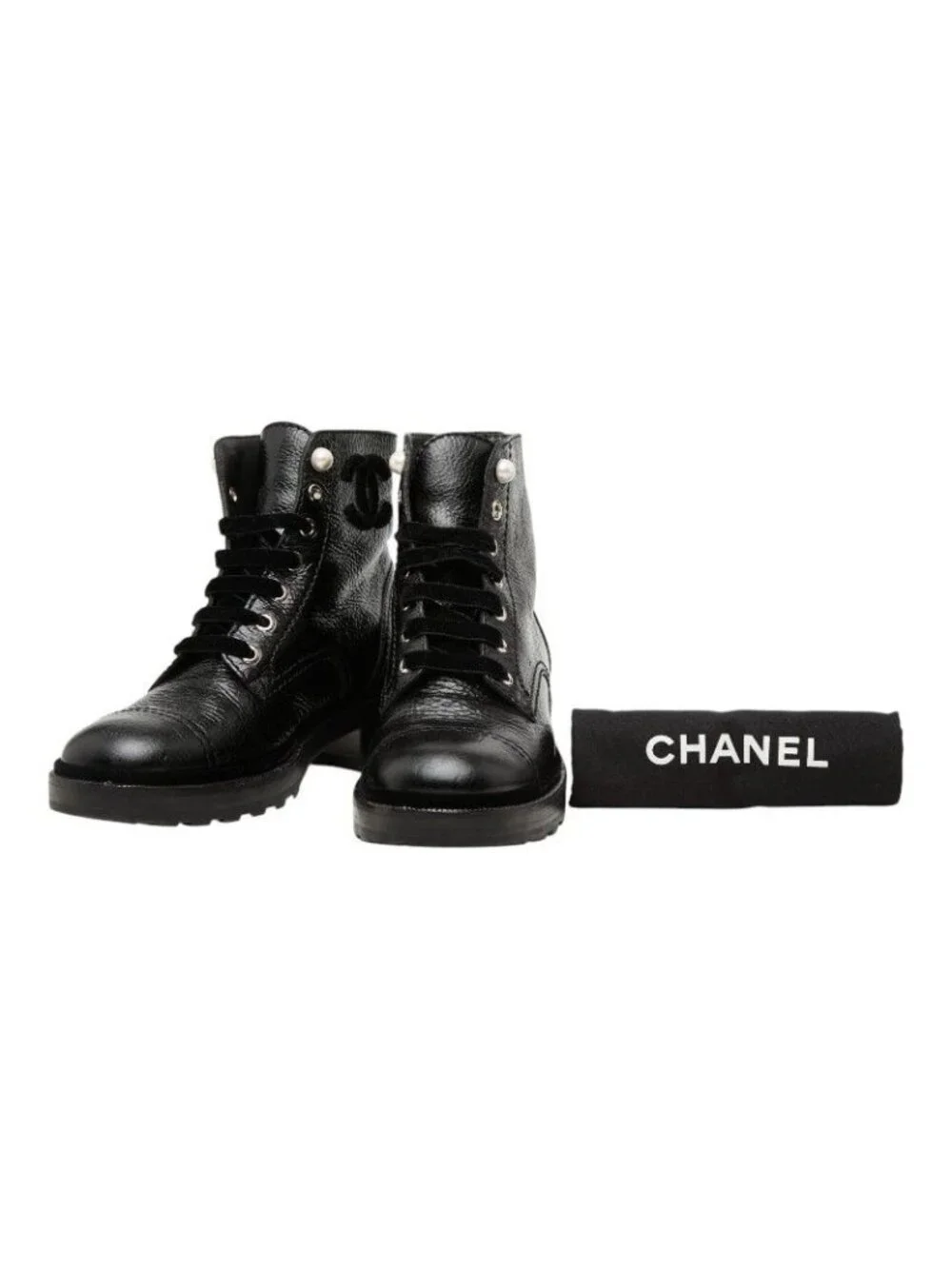 Chanel CC Logo Lace Up Short Boots 38 Black Leather Velour Faux Pearl